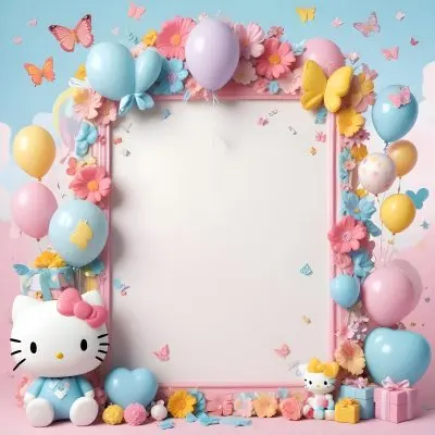 A Cute White Cat With A Pink Bow Holding A Blank Sign Surrounded By Colorful Butterflies Flowers And Pastel Decorations 630 383c