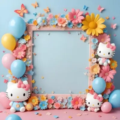 A Cute White Cat With A Pink Bow Holding A Blank Sign Surrounded By Colorful Butterflies Flowers And Pastel Decorations 632 8abb