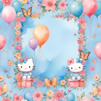 A Cute White Cat With A Pink Bow Holding A Blank Sign Surrounded By Colorful Butterflies Flowers And Pastel Decorations 635 B667