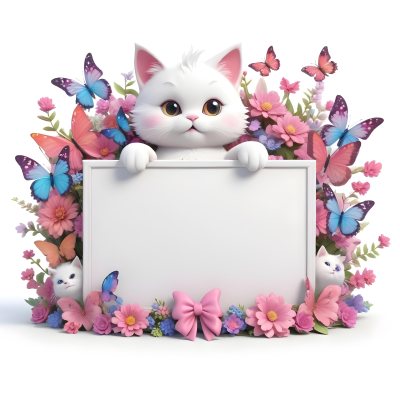 A Cute White Cat With A Pink Bow Holding A Blank Sign Surrounded By Colorful Butterflies Flowers And Pastel Decorations 65 Ba8b