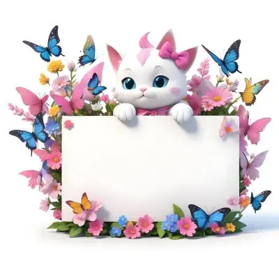 A Cute White Cat With A Pink Bow Holding A Blank Sign Surrounded By Colorful Butterflies Flowers And Pastel Decorations 67 Cfd5