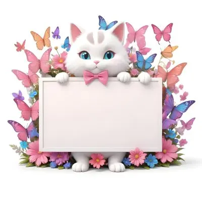 A Cute White Cat With A Pink Bow Holding A Blank Sign Surrounded By Colorful Butterflies Flowers And Pastel Decorations 68 6b17