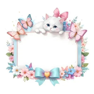 A Cute White Cat With A Pink Bow Holding A Blank Sign Surrounded By Colorful Butterflies Flowers And Pastel Decorations 7 E6a8