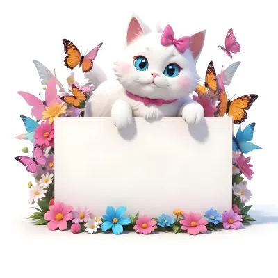 A Cute White Cat With A Pink Bow Holding A Blank Sign Surrounded By Colorful Butterflies Flowers And Pastel Decorations 70 612d