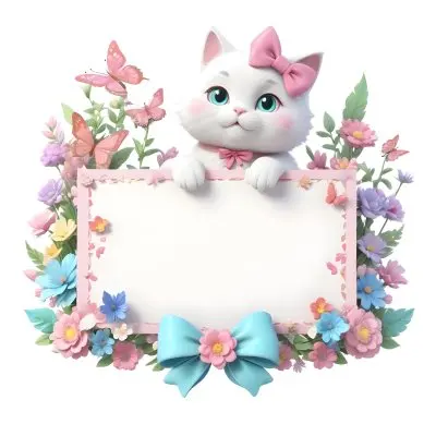 A Cute White Cat With A Pink Bow Holding A Blank Sign Surrounded By Colorful Butterflies Flowers And Pastel Decorations 71 1a1b