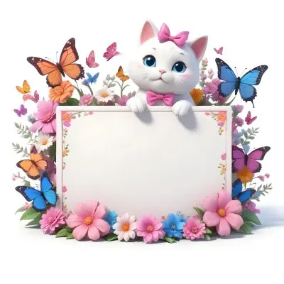 A Cute White Cat With A Pink Bow Holding A Blank Sign Surrounded By Colorful Butterflies Flowers And Pastel Decorations 72 34bf