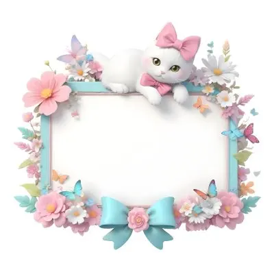 A Cute White Cat With A Pink Bow Holding A Blank Sign Surrounded By Colorful Butterflies Flowers And Pastel Decorations 74 4c8a