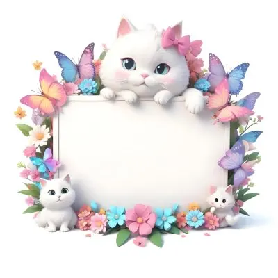 A Cute White Cat With A Pink Bow Holding A Blank Sign Surrounded By Colorful Butterflies Flowers And Pastel Decorations 76 5f7c