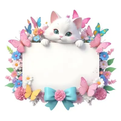 A Cute White Cat With A Pink Bow Holding A Blank Sign Surrounded By Colorful Butterflies Flowers And Pastel Decorations 77 2013