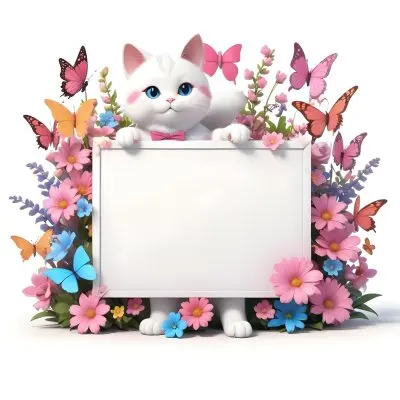A Cute White Cat With A Pink Bow Holding A Blank Sign Surrounded By Colorful Butterflies Flowers And Pastel Decorations 78 B8bc