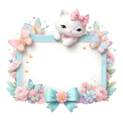 A Cute White Cat With A Pink Bow Holding A Blank Sign Surrounded By Colorful Butterflies Flowers And Pastel Decorations 8 Ff5f