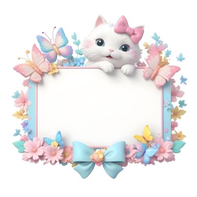 A Cute White Cat With A Pink Bow Holding A Blank Sign Surrounded By Colorful Butterflies Flowers And Pastel Decorations 81 9eeb
