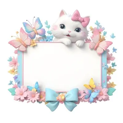 A Cute White Cat With A Pink Bow Holding A Blank Sign Surrounded By Colorful Butterflies Flowers And Pastel Decorations 81 9eeb