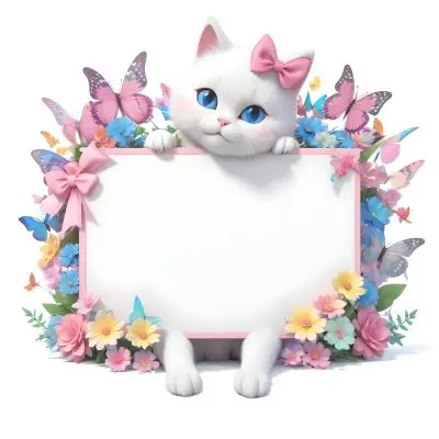 A Cute White Cat With A Pink Bow Holding A Blank Sign Surrounded By Colorful Butterflies Flowers And Pastel Decorations 82 7e35