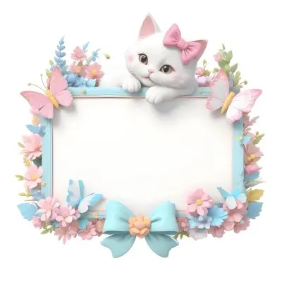 A Cute White Cat With A Pink Bow Holding A Blank Sign Surrounded By Colorful Butterflies Flowers And Pastel Decorations 83 412a