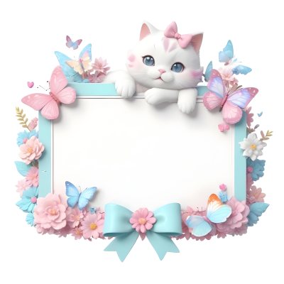 A Cute White Cat With A Pink Bow Holding A Blank Sign Surrounded By Colorful Butterflies Flowers And Pastel Decorations 84 2fb1