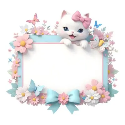 A Cute White Cat With A Pink Bow Holding A Blank Sign Surrounded By Colorful Butterflies Flowers And Pastel Decorations 86 Def4