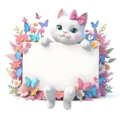 A Cute White Cat With A Pink Bow Holding A Blank Sign Surrounded By Colorful Butterflies Flowers And Pastel Decorations 87 B006