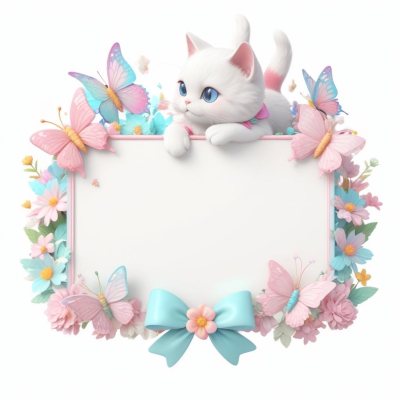 A Cute White Cat With A Pink Bow Holding A Blank Sign Surrounded By Colorful Butterflies Flowers And Pastel Decorations 88 845d