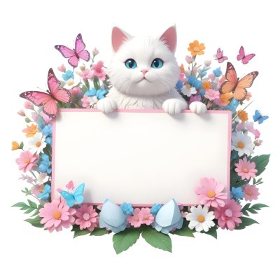 A Cute White Cat With A Pink Bow Holding A Blank Sign Surrounded By Colorful Butterflies Flowers And Pastel Decorations 89 1e48