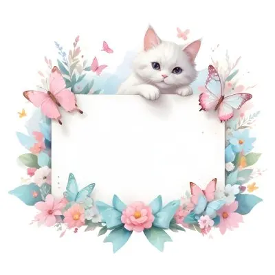 A Cute White Cat With A Pink Bow Holding A Blank Sign Surrounded By Colorful Butterflies Flowers And Pastel Decorations 9 Cb38