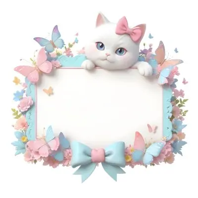 A Cute White Cat With A Pink Bow Holding A Blank Sign Surrounded By Colorful Butterflies Flowers And Pastel Decorations 90 A20e
