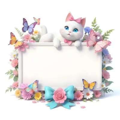 A Cute White Cat With A Pink Bow Holding A Blank Sign Surrounded By Colorful Butterflies Flowers And Pastel Decorations 91 146c