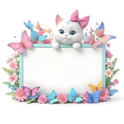 A Cute White Cat With A Pink Bow Holding A Blank Sign Surrounded By Colorful Butterflies Flowers And Pastel Decorations 92 4366