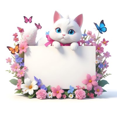 A Cute White Cat With A Pink Bow Holding A Blank Sign Surrounded By Colorful Butterflies Flowers And Pastel Decorations 93 Bdec