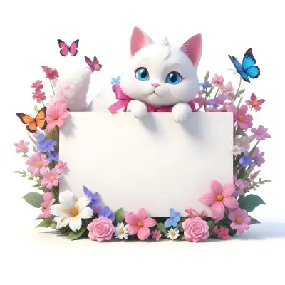 A Cute White Cat With A Pink Bow Holding A Blank Sign Surrounded By Colorful Butterflies Flowers And Pastel Decorations 93 Bdec