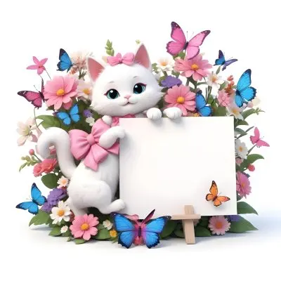 A Cute White Cat With A Pink Bow Holding A Blank Sign Surrounded By Colorful Butterflies Flowers And Pastel Decorations 94 7711