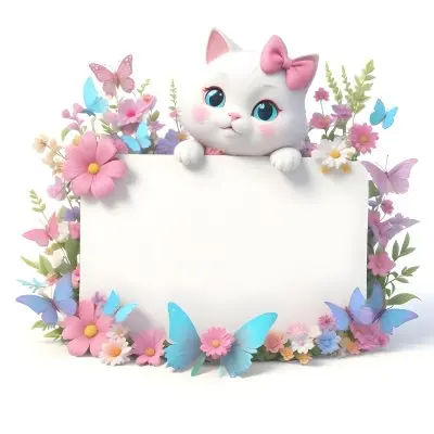 A Cute White Cat With A Pink Bow Holding A Blank Sign Surrounded By Colorful Butterflies Flowers And Pastel Decorations 95 0312