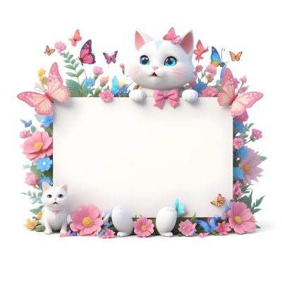 A Cute White Cat With A Pink Bow Holding A Blank Sign Surrounded By Colorful Butterflies Flowers And Pastel Decorations 96 C620