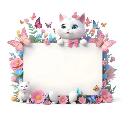 A Cute White Cat With A Pink Bow Holding A Blank Sign Surrounded By Colorful Butterflies Flowers And Pastel Decorations 96 C620