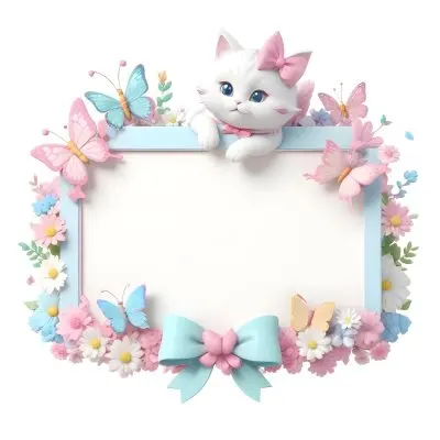 A Cute White Cat With A Pink Bow Holding A Blank Sign Surrounded By Colorful Butterflies Flowers And Pastel Decorations 99 3efc