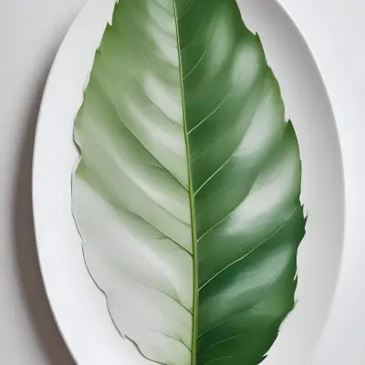 A Green Leaf On A White Plate Minimalist Composition Clean And Bright Aesthetic Soft Lighting White Background Nature Inspired Simple And Elegant Fresh And Organic 28 F7ab