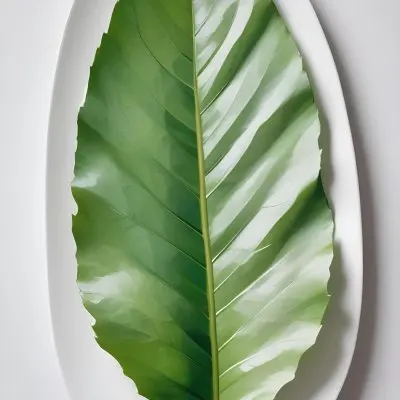 A Green Leaf On A White Plate Minimalist Composition Clean And Bright Aesthetic Soft Lighting White Background Nature Inspired Simple And Elegant Fresh And Organic 8 65f9