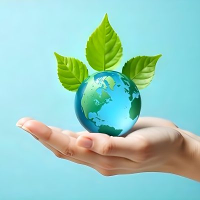 A Green Leaf With A Blue Earth Symbol Held By A Hand Light Blue Background 1 2500