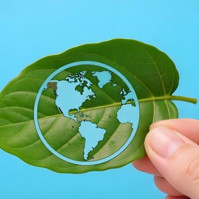 A Green Leaf With A Blue Earth Symbol Held By A Hand Light Blue Background 11 302a