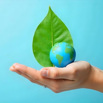A Green Leaf With A Blue Earth Symbol Held By A Hand Light Blue Background 14 Cff7