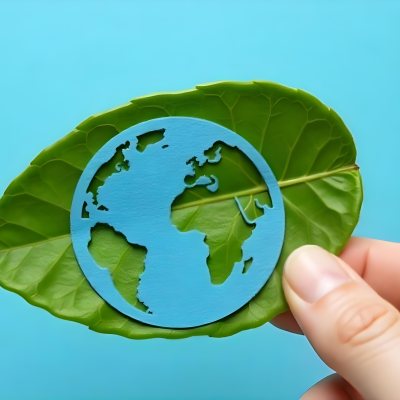 A Green Leaf With A Blue Earth Symbol Held By A Hand Light Blue Background 16 3894