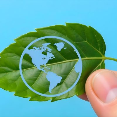A Green Leaf With A Blue Earth Symbol Held By A Hand Light Blue Background 17 Feec