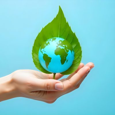 A Green Leaf With A Blue Earth Symbol Held By A Hand Light Blue Background 18 3ffd