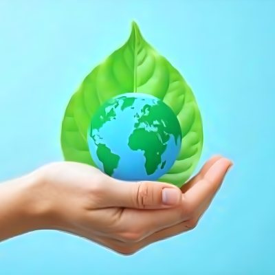 A Green Leaf With A Blue Earth Symbol Held By A Hand Light Blue Background 19 E800