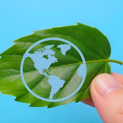 A Green Leaf With A Blue Earth Symbol Held By A Hand Light Blue Background 2 6962