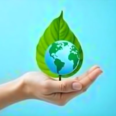 A Green Leaf With A Blue Earth Symbol Held By A Hand Light Blue Background 21 E415