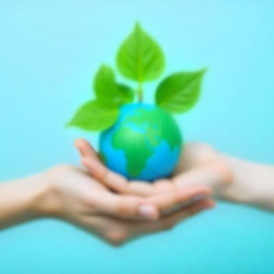 A Green Leaf With A Blue Earth Symbol Held By A Hand Light Blue Background 23 Df03