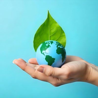 A Green Leaf With A Blue Earth Symbol Held By A Hand Light Blue Background 25 Ffb3