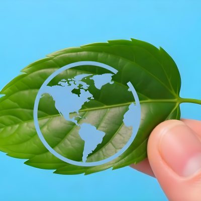 A Green Leaf With A Blue Earth Symbol Held By A Hand Light Blue Background 26 8938