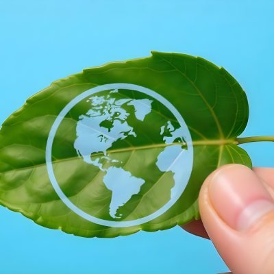 A Green Leaf With A Blue Earth Symbol Held By A Hand Light Blue Background 27 E64b
